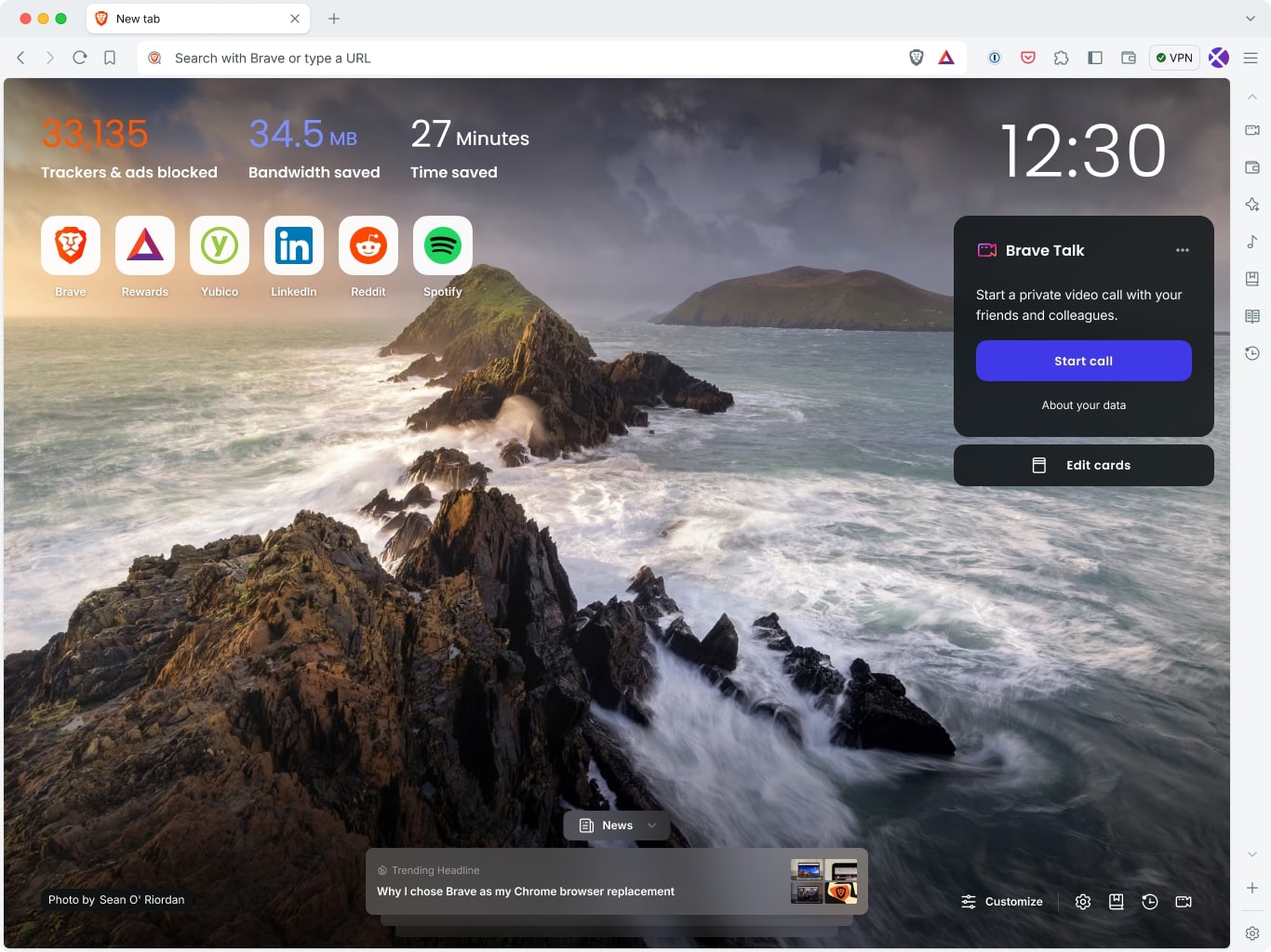 The Brave browser, with Brave Talk featured in the  and in the lower-right corner of the New Tab Page