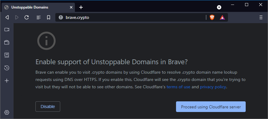 Interstitial shown when attempting to navigate a crypto domain