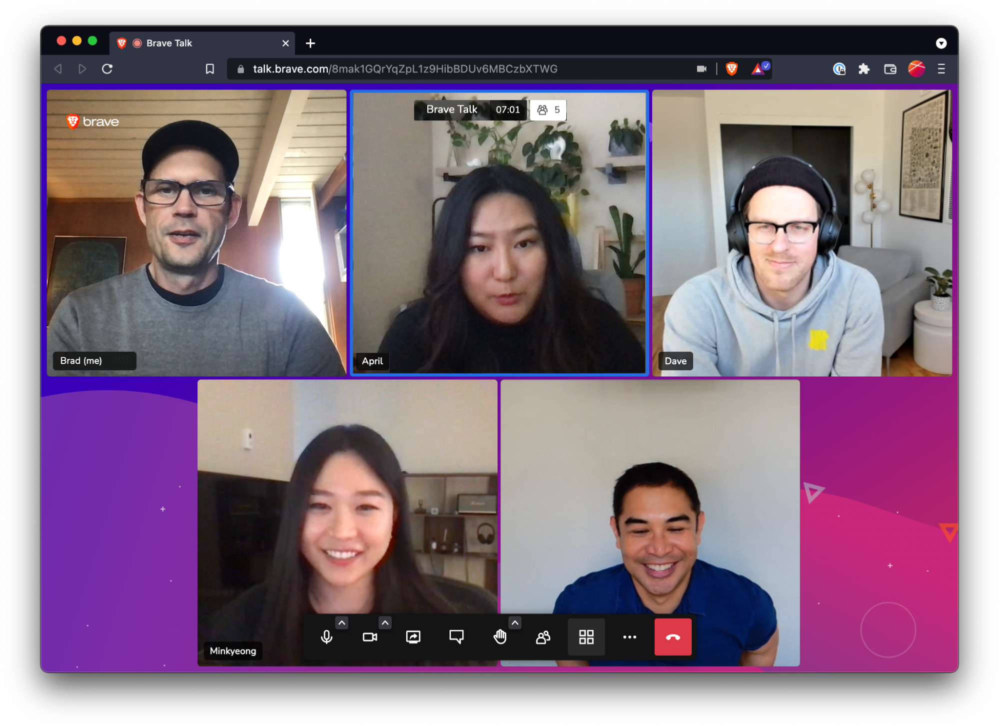 Group of people participating in a Brave Talk call on a desktop device