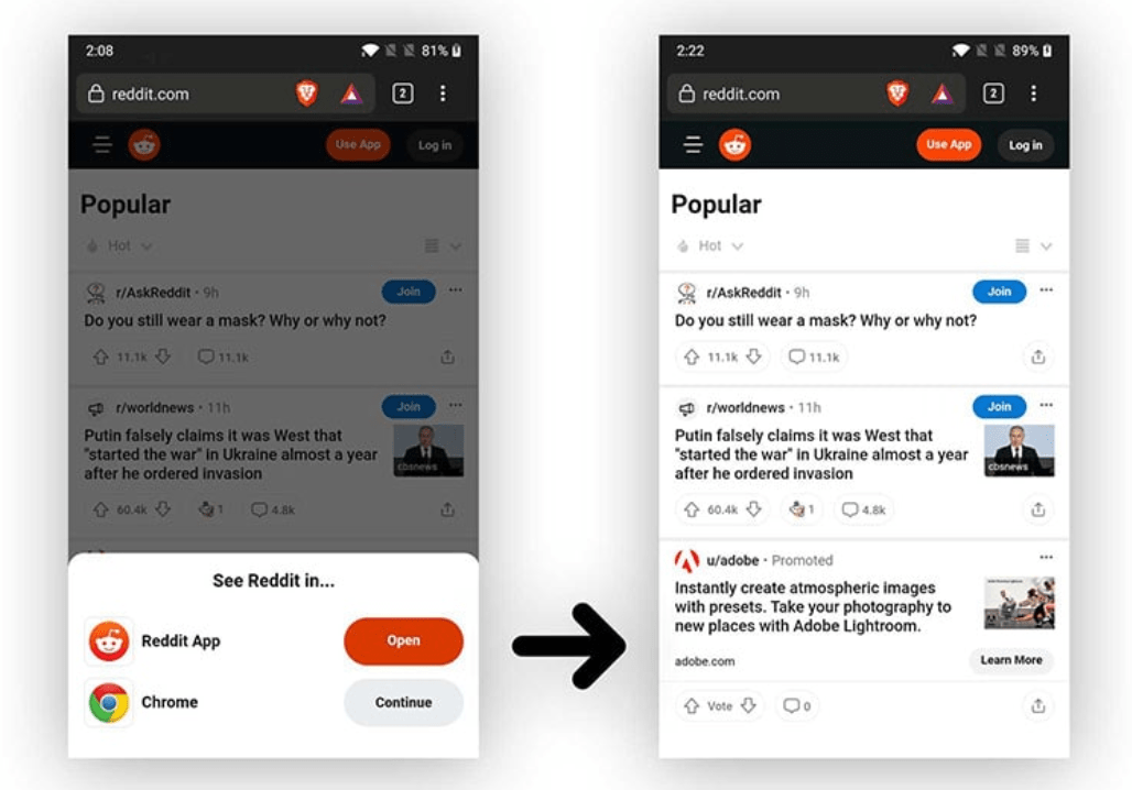 screenshot of website when using Brave Browser