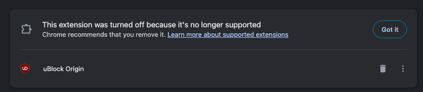 Chrome's Diese Erweiterung wurde deaktiviert, weil sie nicht mehr unterstützt wird-Nachricht