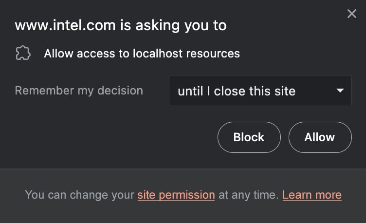 A browser prompt asking the user if they would like to grant access to localhost resources