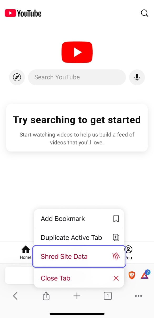 Shred via long-press of tabs button