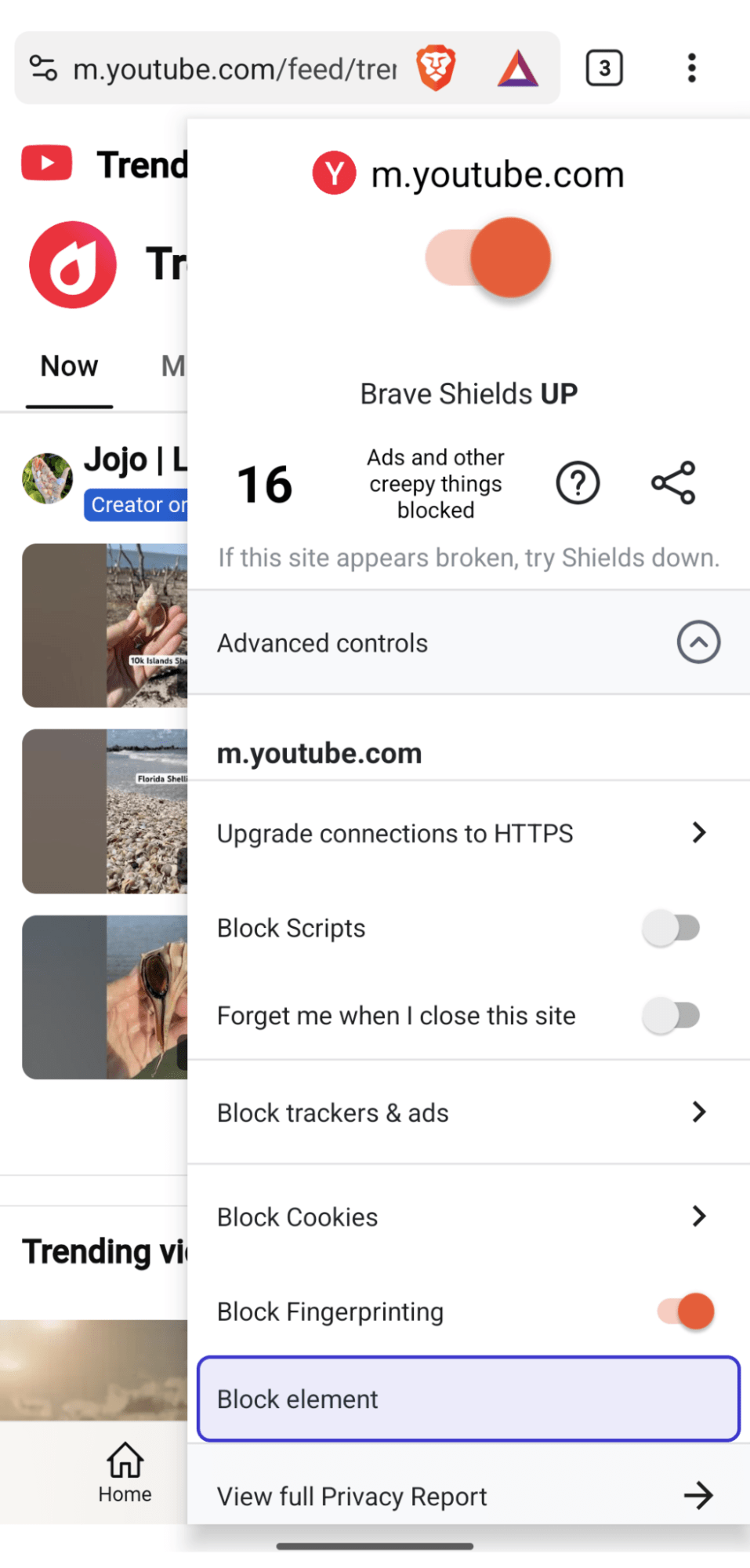 Brave menu expanded, focused on 'Block element' option