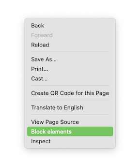 Context menu on desktop showing 'Block elements' menu item