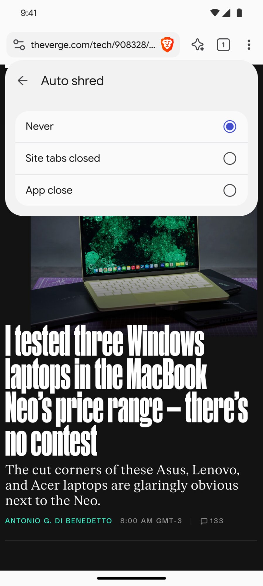 Auto Shred configured to 'never'