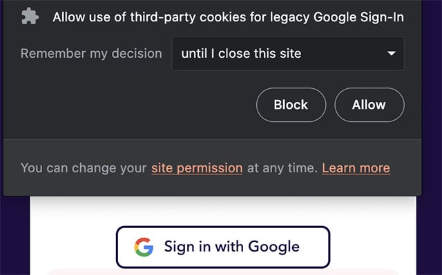 A permission panel is displayed offering the user the option to limit permission for 'Google Sign-In' until the current tab is closed.