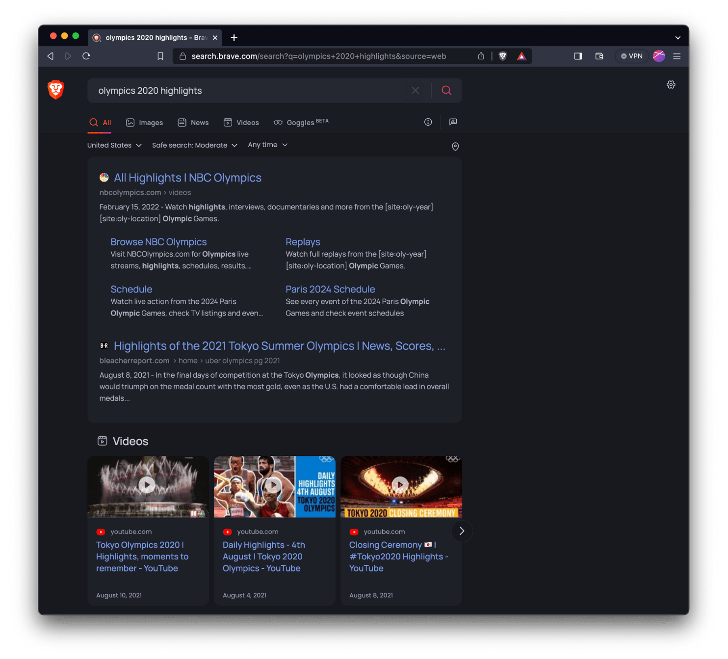 Brave Search video cluster