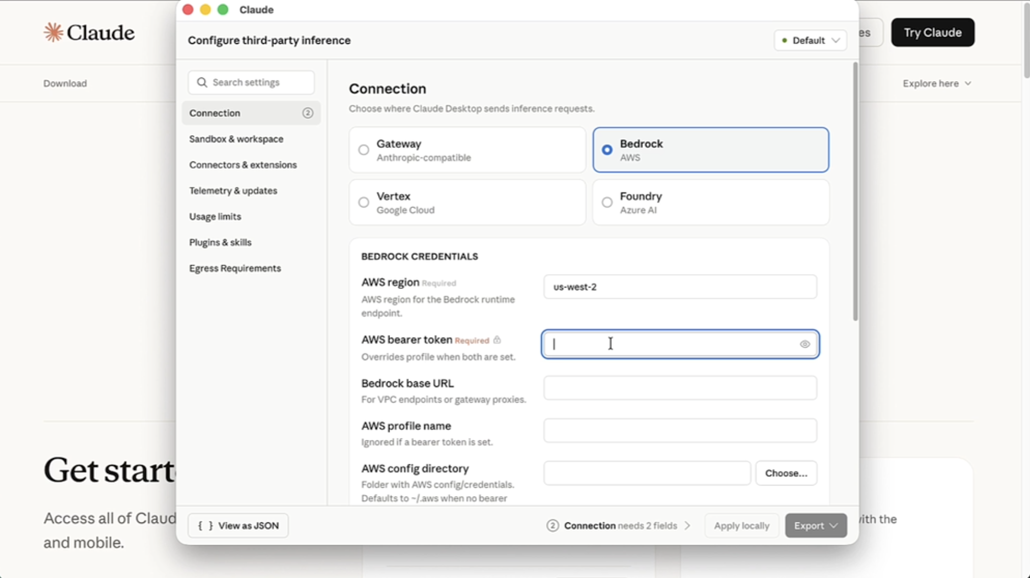 Screenshot of third-party inference page with Amazon Bedrock selected