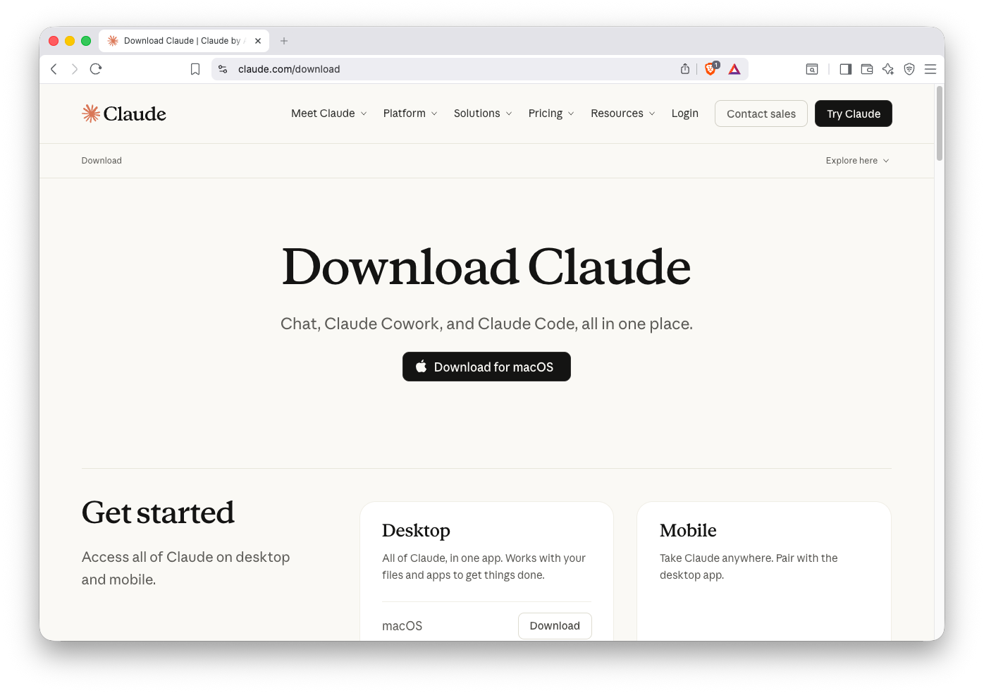 Screenshot of the Claude Desktop download page at claude.com/download
