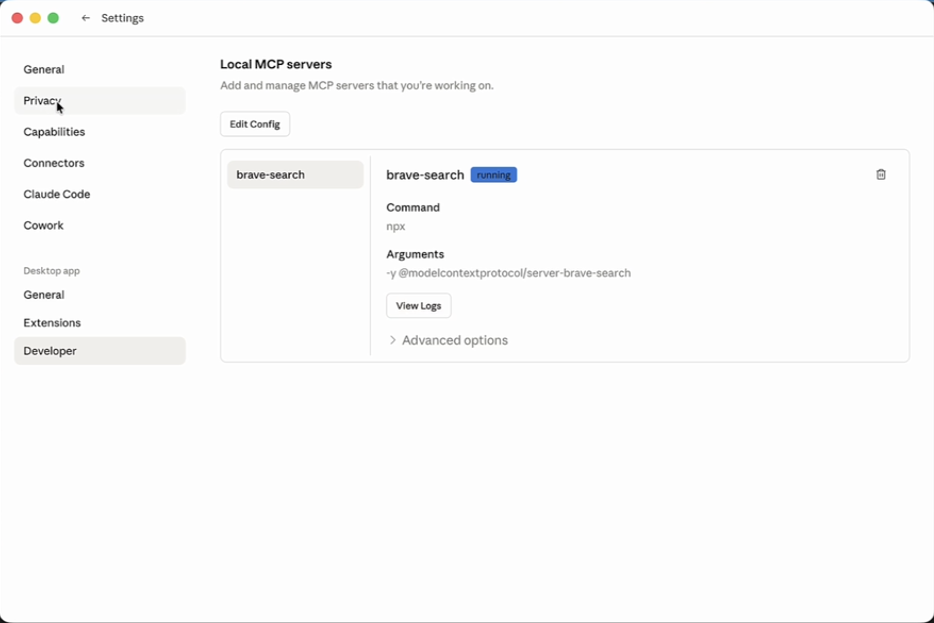 Screenshot of local MCP Servers showing brave-search with running status