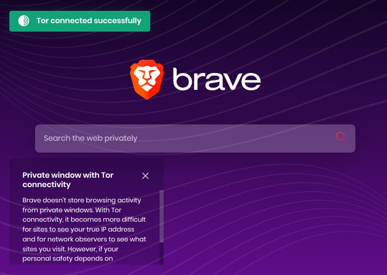 The Brave Browser, showing a successful Tor connection